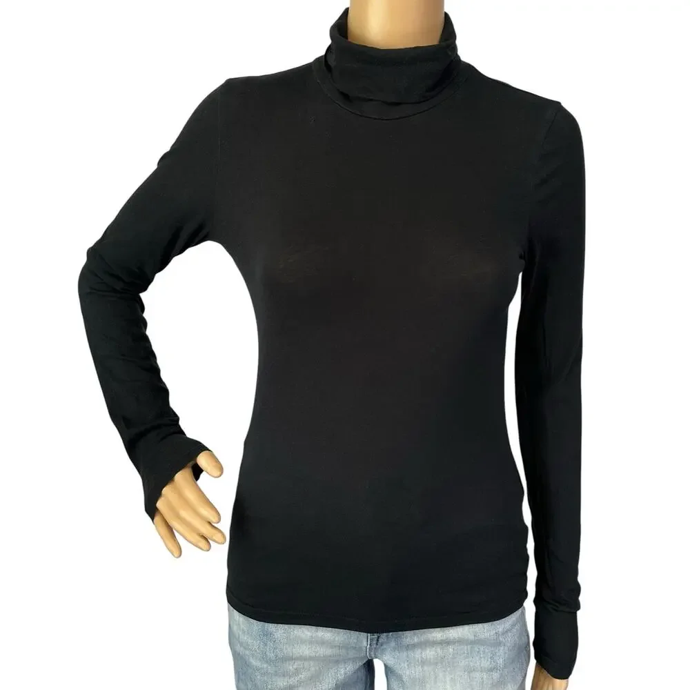 J. Crew Feather Jersey Cotton Turtleneck Top Black CN176 Size XS